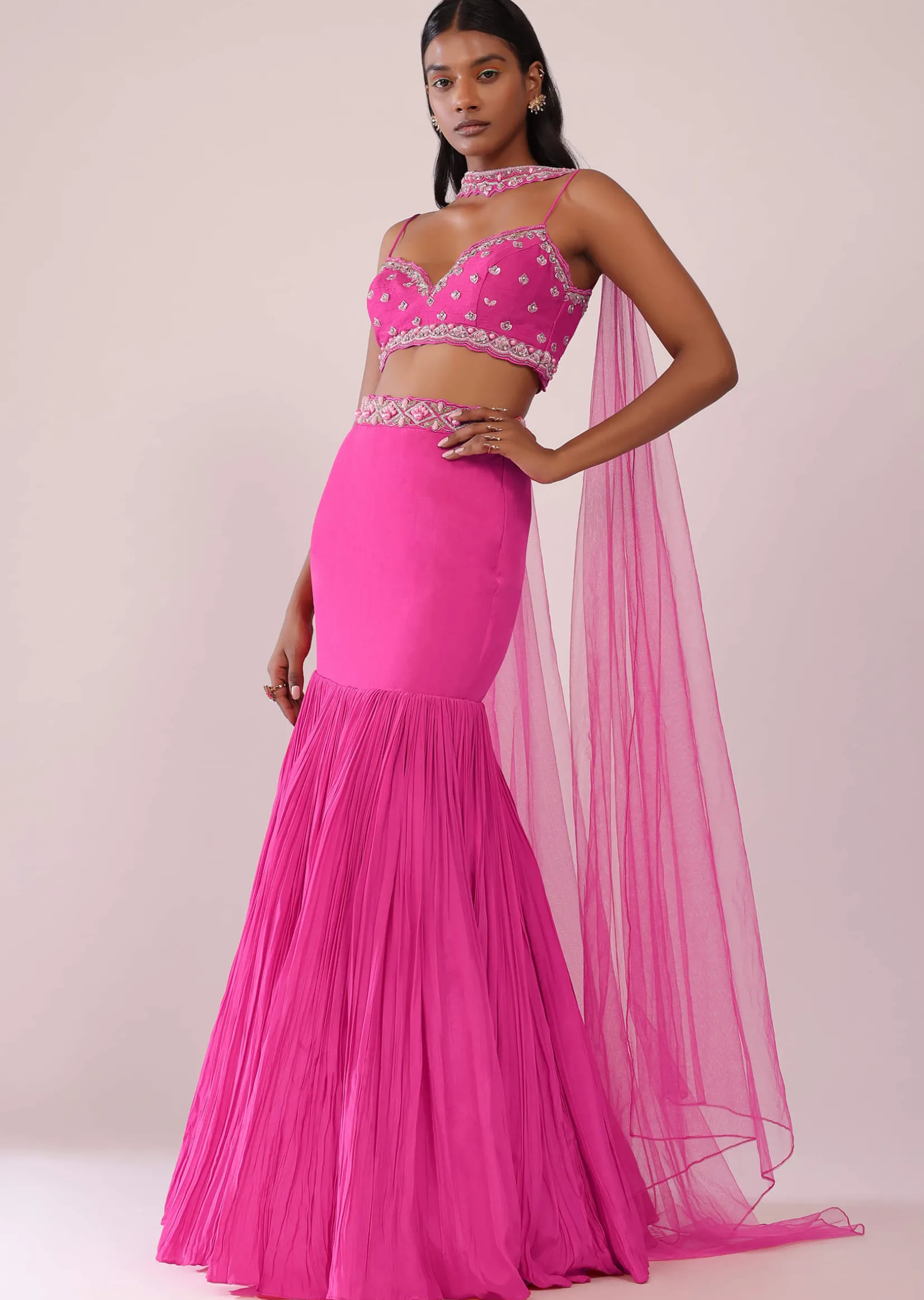 Fuschia Pink Lehenga And Hand Embroidered Blouse Set In Crepe