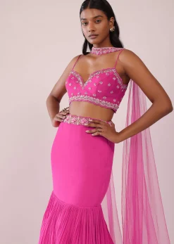 Fuschia Pink Lehenga And Hand Embroidered Blouse Set In Crepe