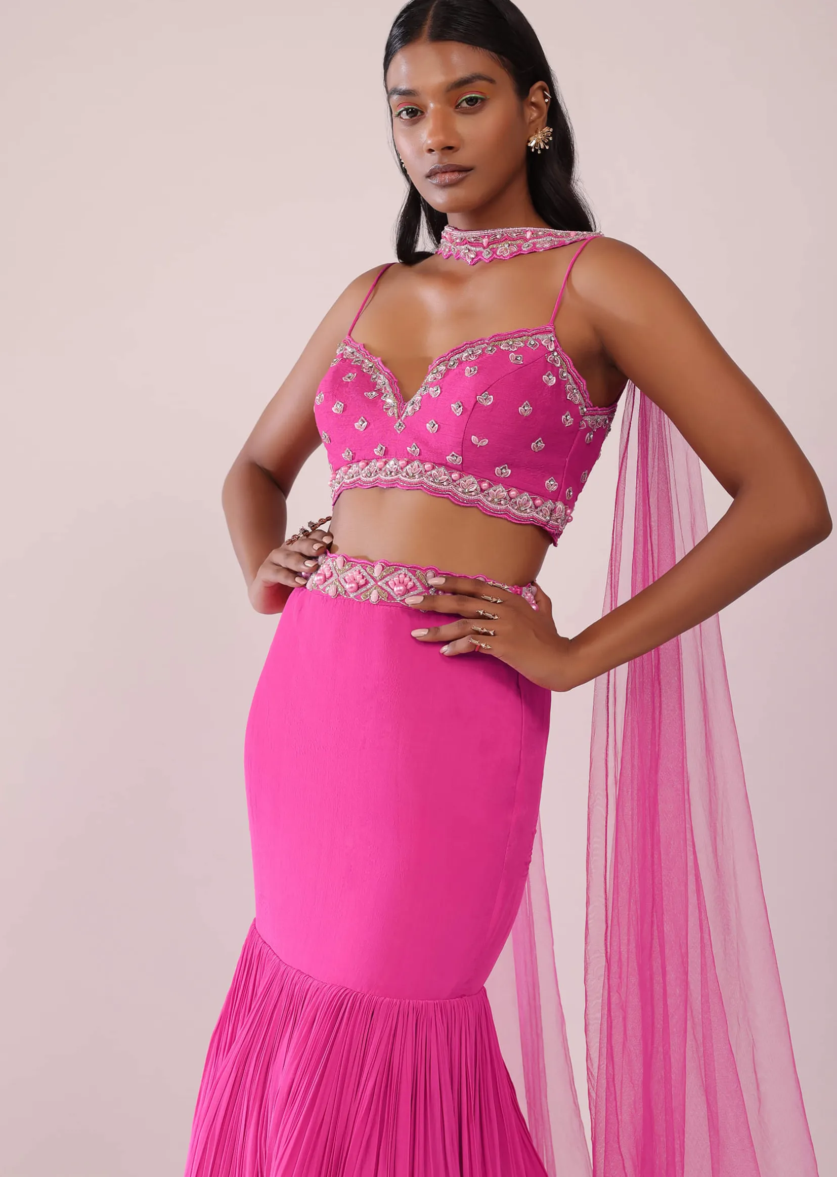 Fuschia Pink Lehenga And Hand Embroidered Blouse Set In Crepe