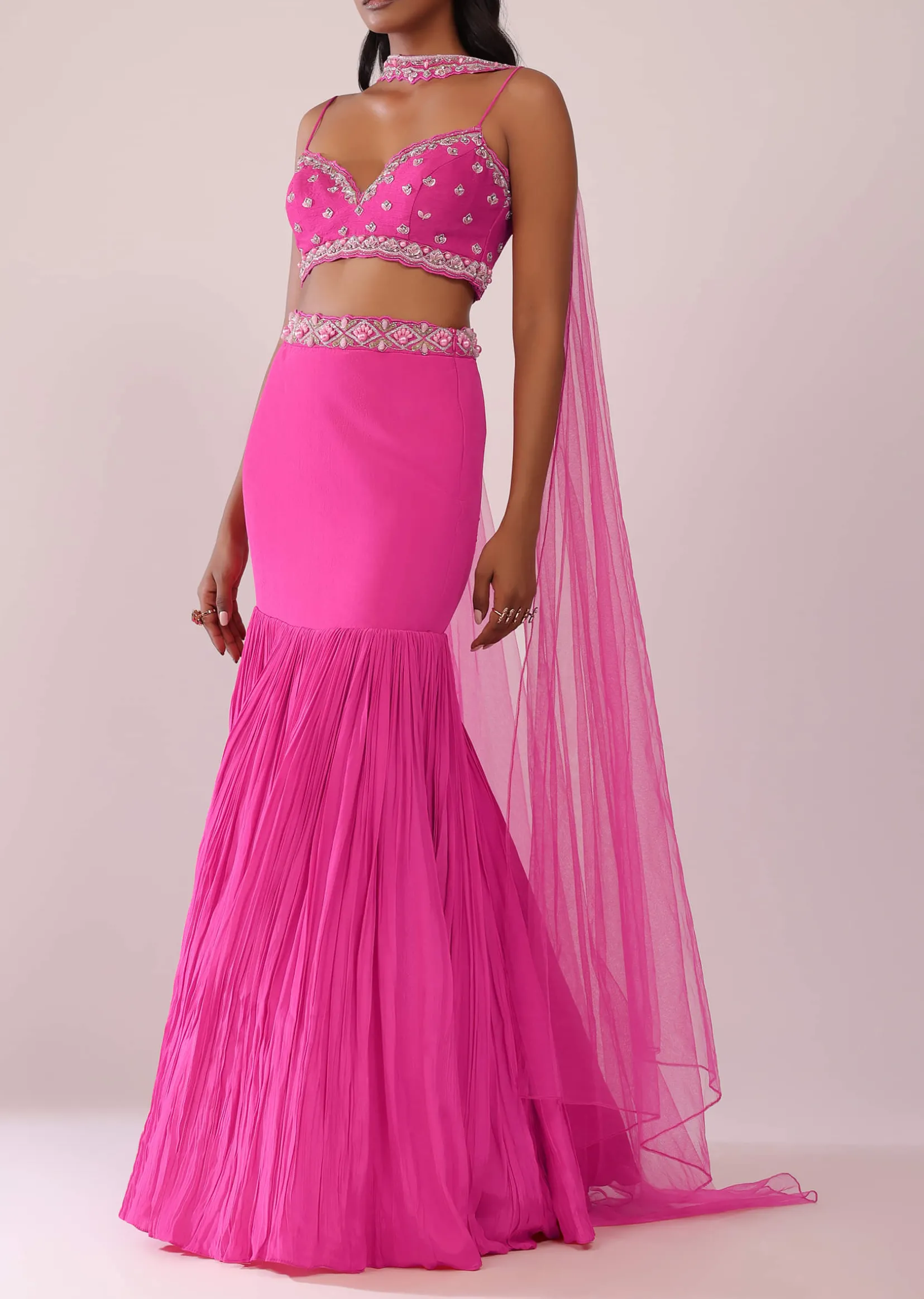 Fuschia Pink Lehenga And Hand Embroidered Blouse Set In Crepe