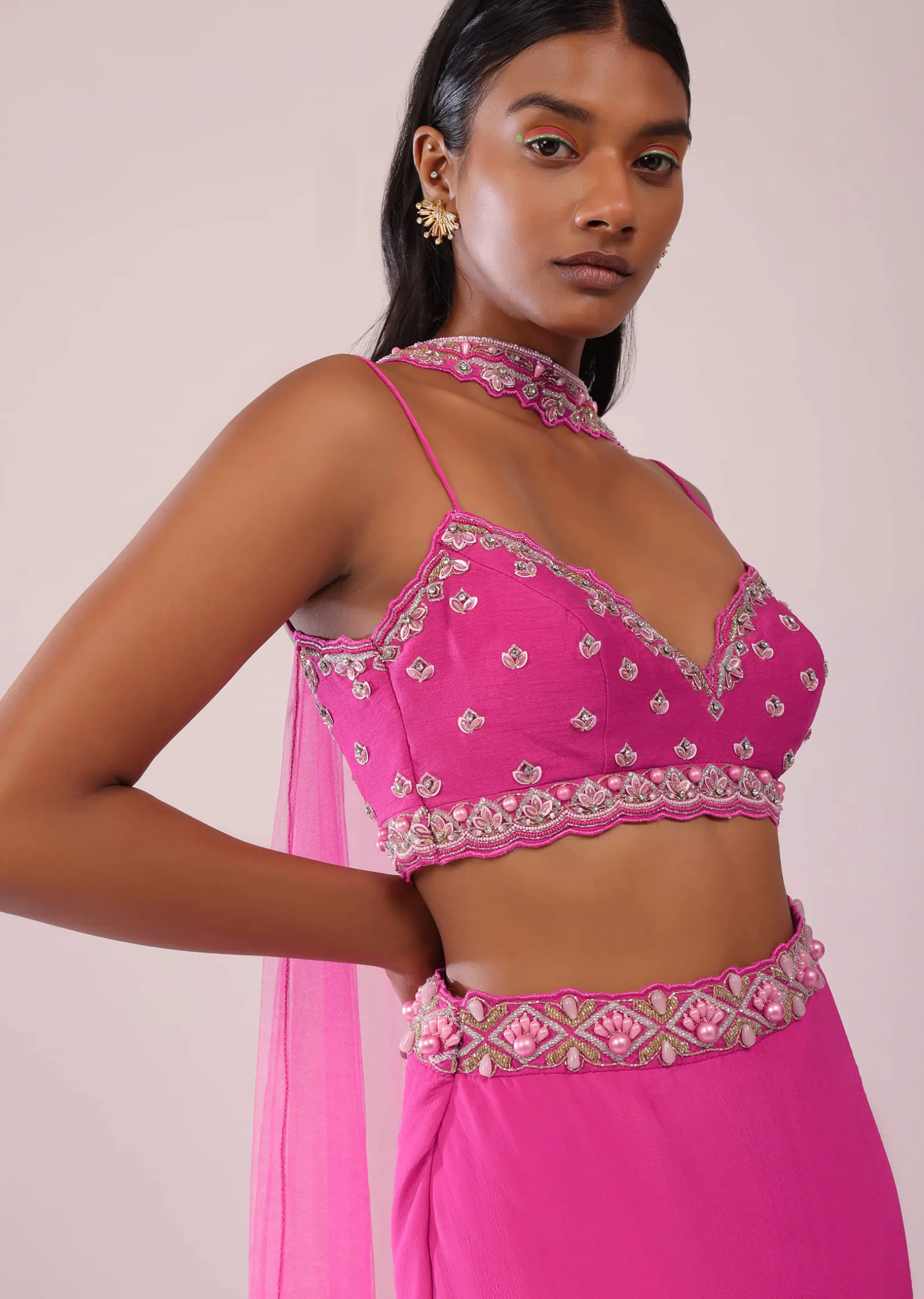 Fuschia Pink Lehenga And Hand Embroidered Blouse Set In Crepe
