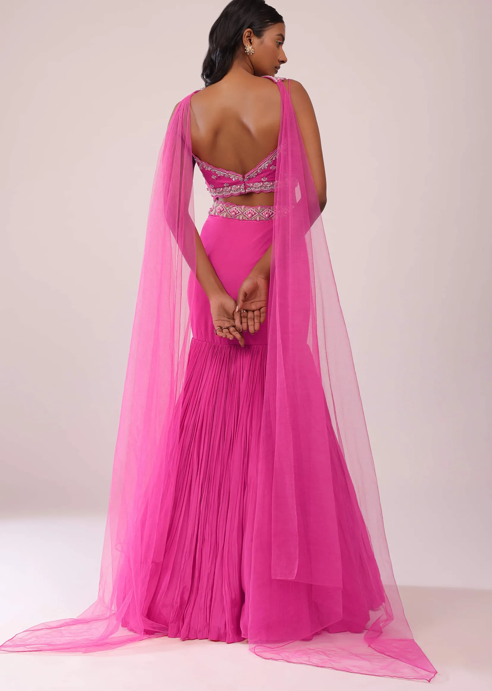 Fuschia Pink Lehenga And Hand Embroidered Blouse Set In Crepe