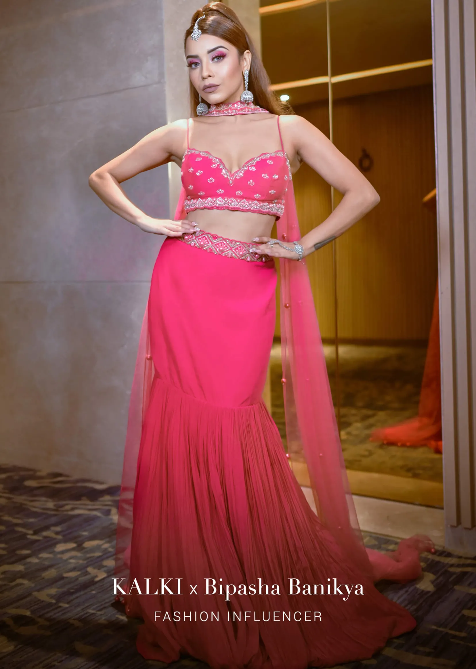 Fuschia Pink Lehenga And Hand Embroidered Blouse Set In Crepe