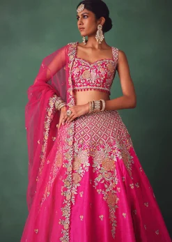 Fuschia Pink Raw Silk Multi Colour Threadwork Lehenga Dupatta With Embroidered Blouse