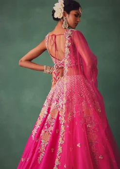 Fuschia Pink Raw Silk Multi Colour Threadwork Lehenga Dupatta With Embroidered Blouse