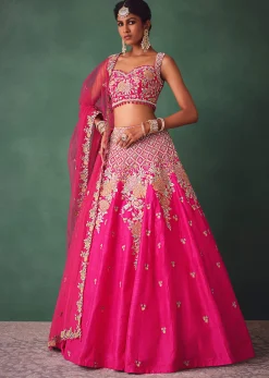Fuschia Pink Raw Silk Multi Colour Threadwork Lehenga Dupatta With Embroidered Blouse