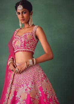 Fuschia Pink Raw Silk Multi Colour Threadwork Lehenga Dupatta With Embroidered Blouse