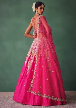 Fuschia Pink Raw Silk Multi Colour Threadwork Lehenga Dupatta With Embroidered Blouse