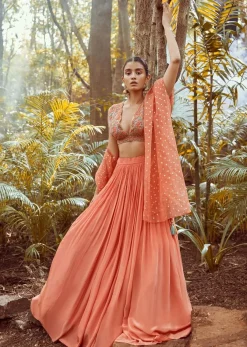 Fusion Coral Skirt In Crepe With Hand Embroidered Raw Silk Choli With Plunging Neckline