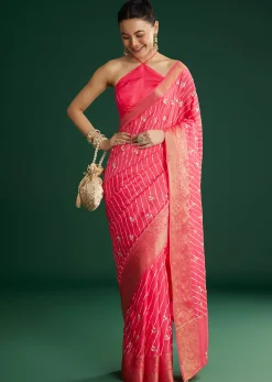 Gajari Dola Silk Saree With Floral Embroidery And Lehariya Print