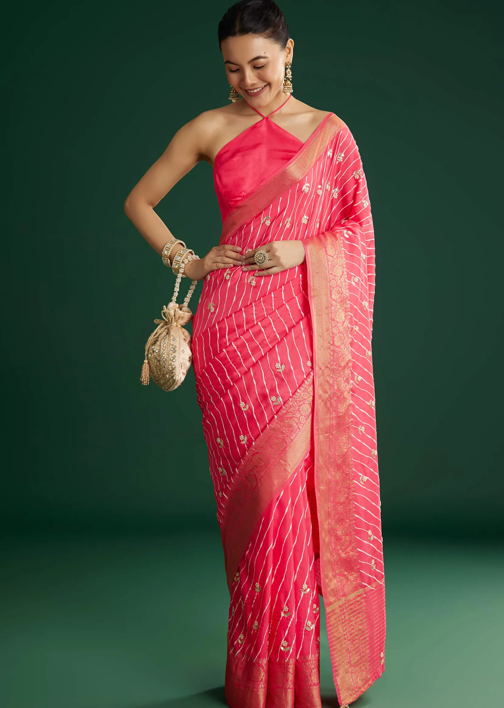 Gajari Dola Silk Saree With Floral Embroidery And Lehariya Print