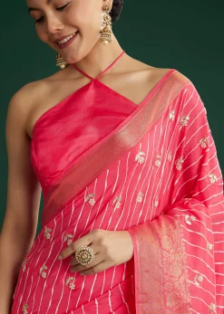 Gajari Dola Silk Saree With Floral Embroidery And Lehariya Print