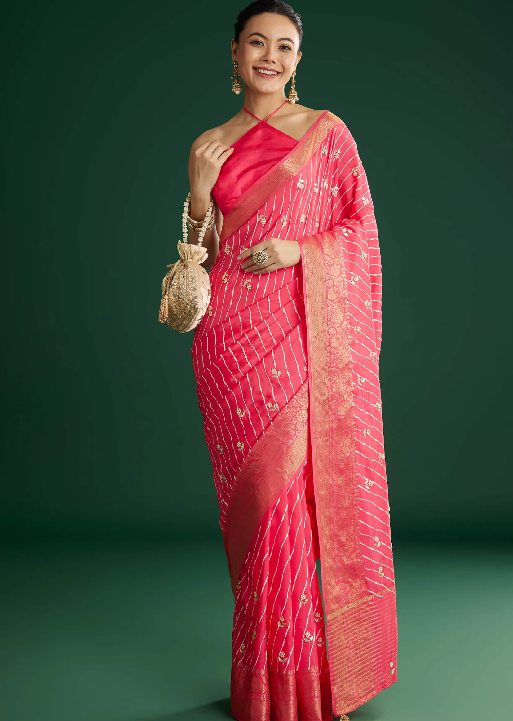 Gajari Dola Silk Saree With Floral Embroidery And Lehariya Print