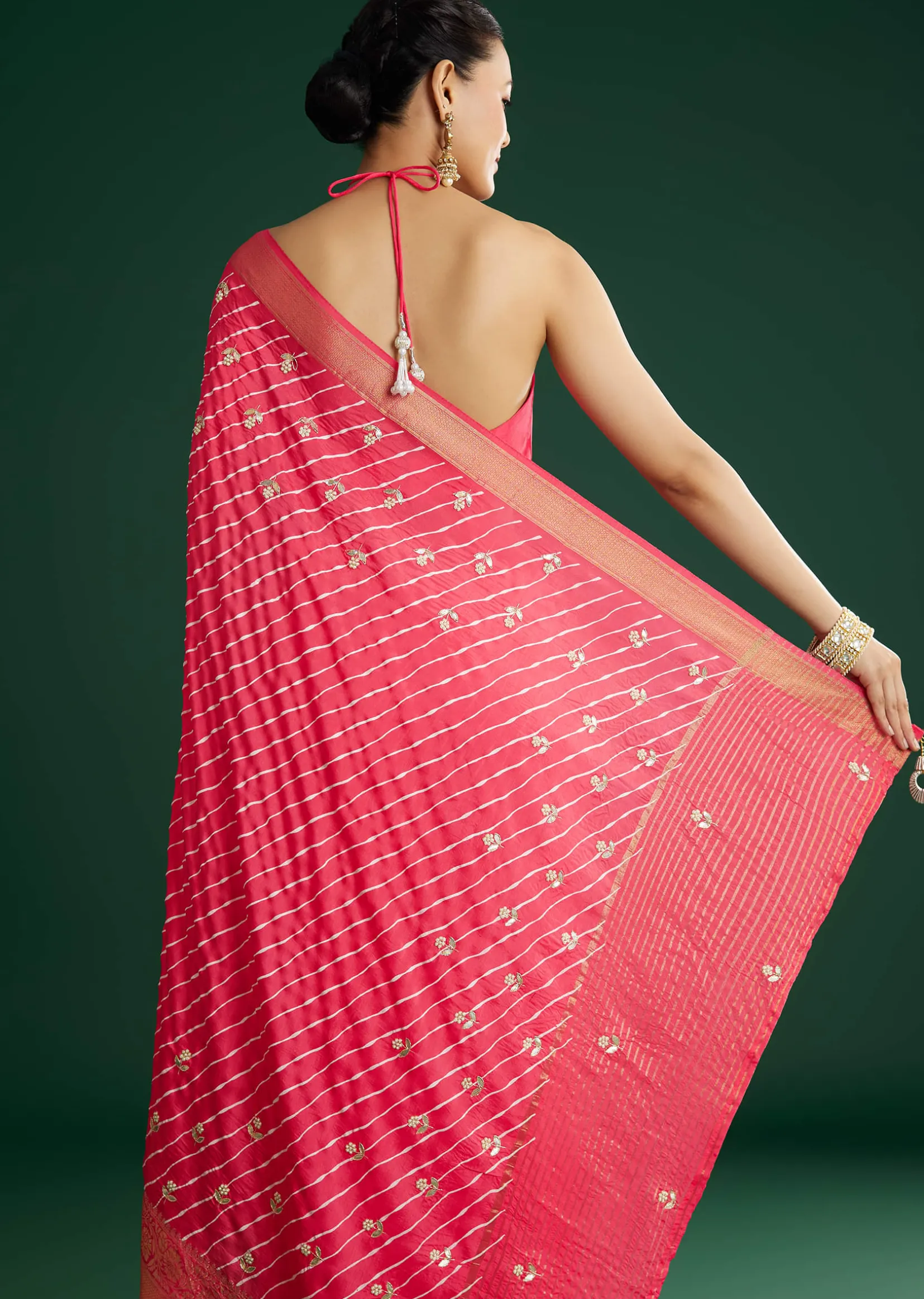 Gajari Dola Silk Saree With Floral Embroidery And Lehariya Print