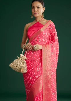 Gajari Dola Silk Saree With Floral Embroidery And Lehariya Print