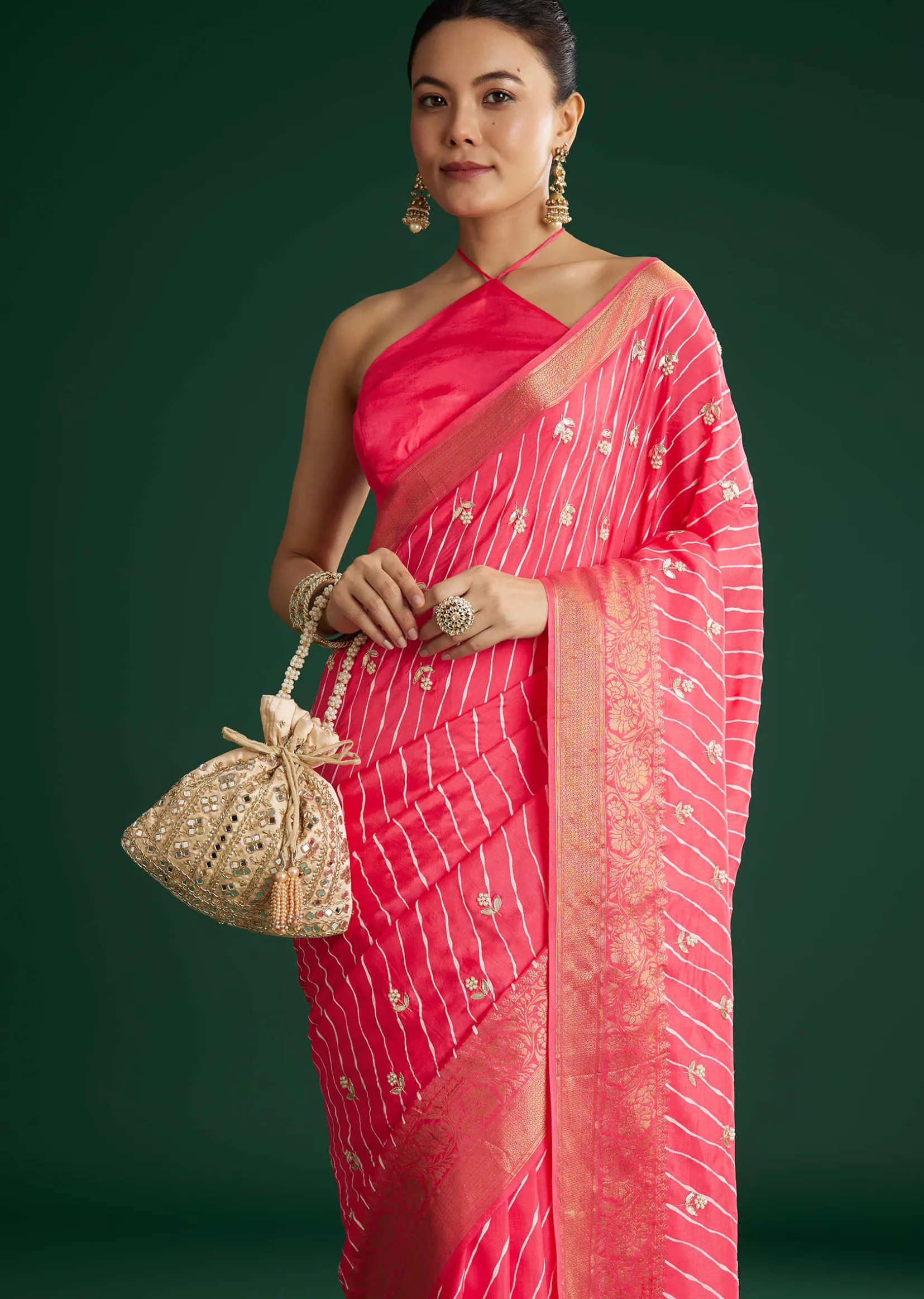 Gajari Dola Silk Saree With Floral Embroidery And Lehariya Print