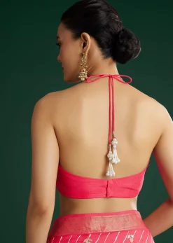 Gajari Dola Silk Saree With Floral Embroidery And Lehariya Print