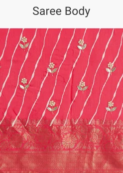 Gajari Dola Silk Saree With Floral Embroidery And Lehariya Print