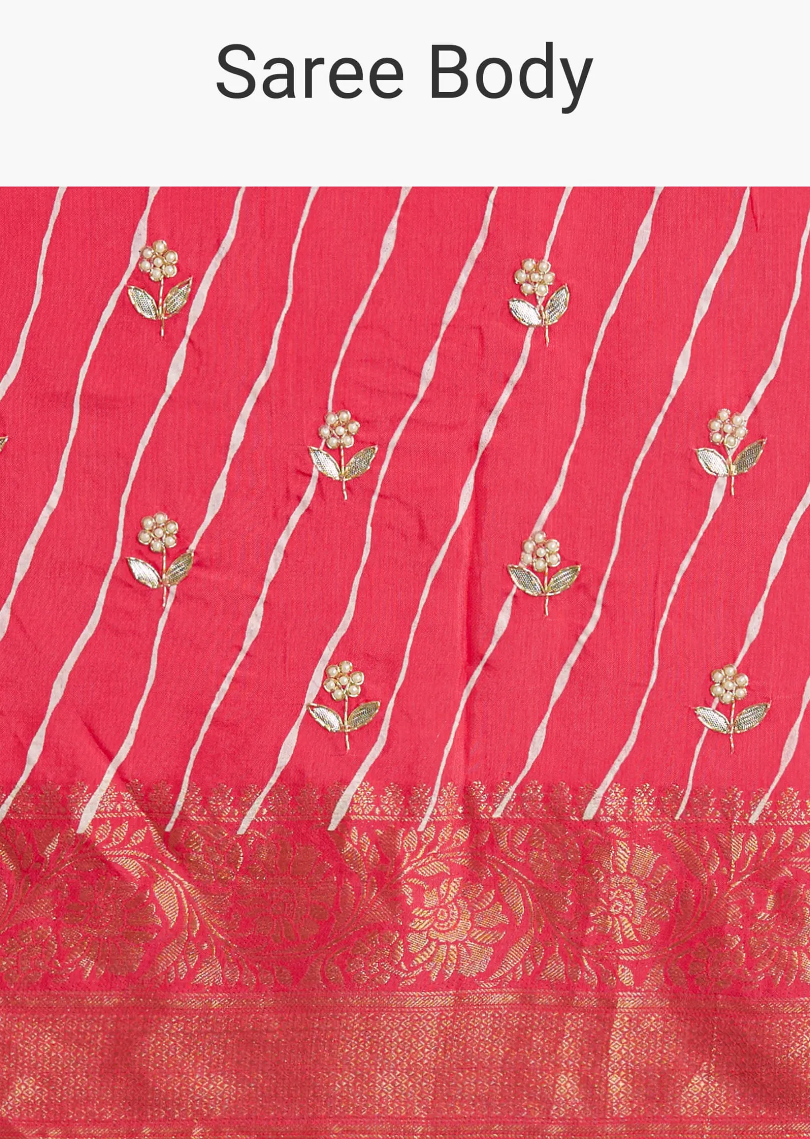 Gajari Dola Silk Saree With Floral Embroidery And Lehariya Print