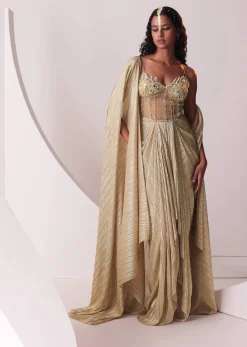 Glam Gold Embroidered Gown In Knit Stretchable Fabric With Jacket