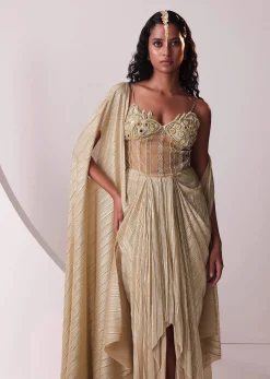 Glam Gold Embroidered Gown In Knit Stretchable Fabric With Jacket