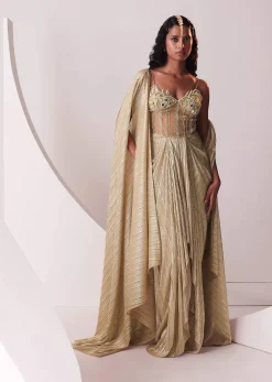 Glam Gold Embroidered Gown In Knit Stretchable Fabric With Jacket