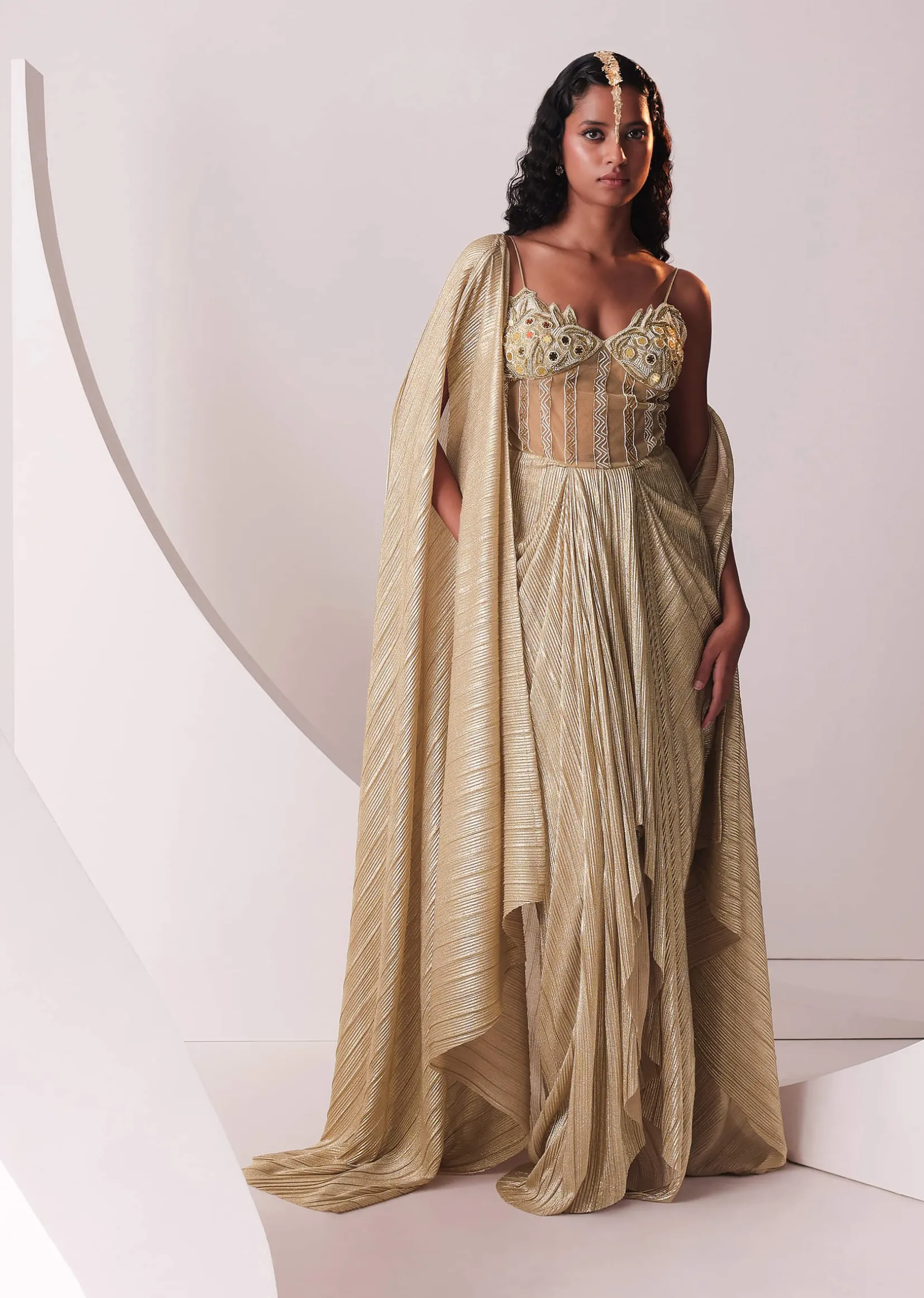 Glam Gold Embroidered Gown In Knit Stretchable Fabric With Jacket