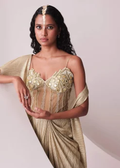 Glam Gold Embroidered Gown In Knit Stretchable Fabric With Jacket