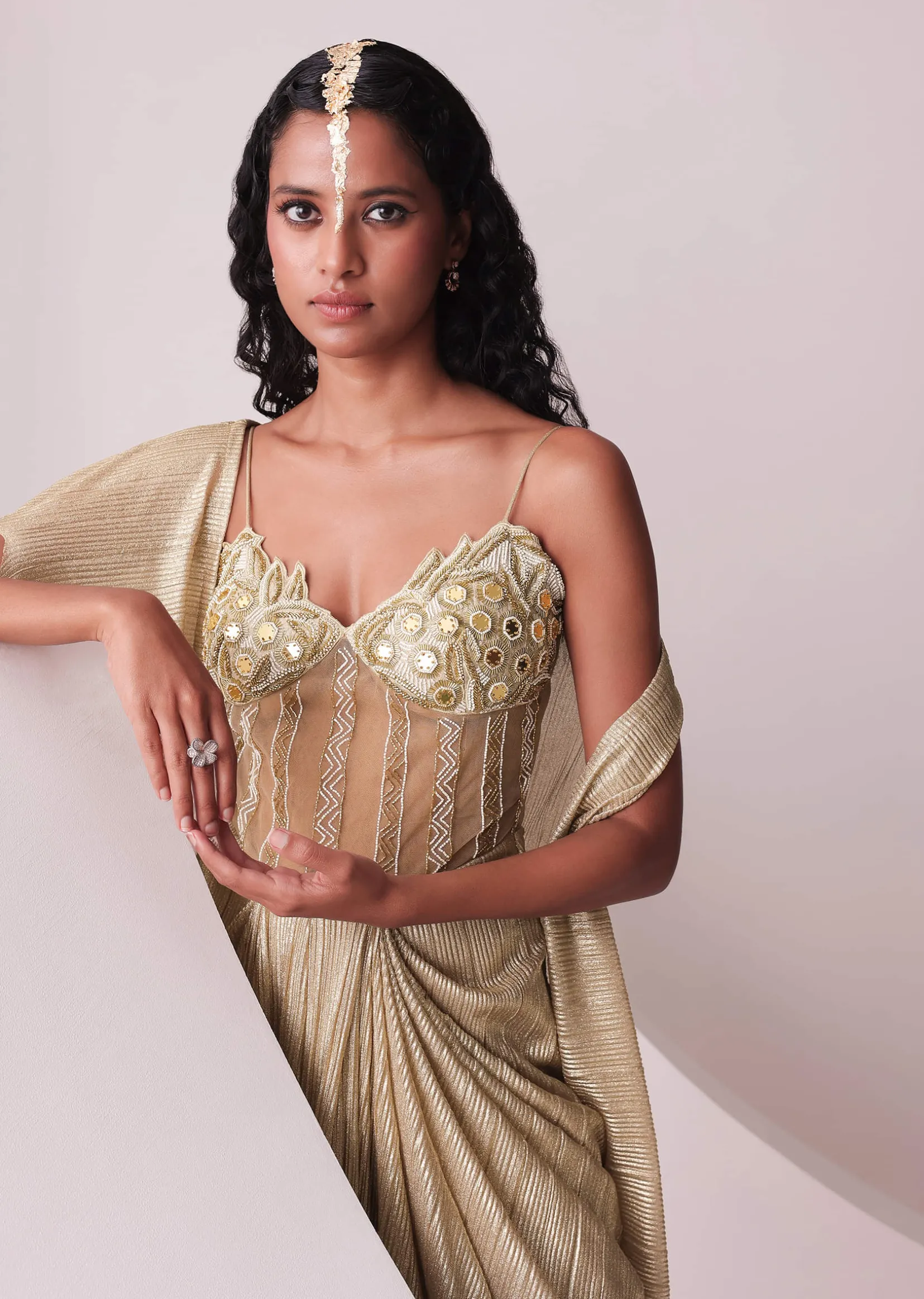 Glam Gold Embroidered Gown In Knit Stretchable Fabric With Jacket