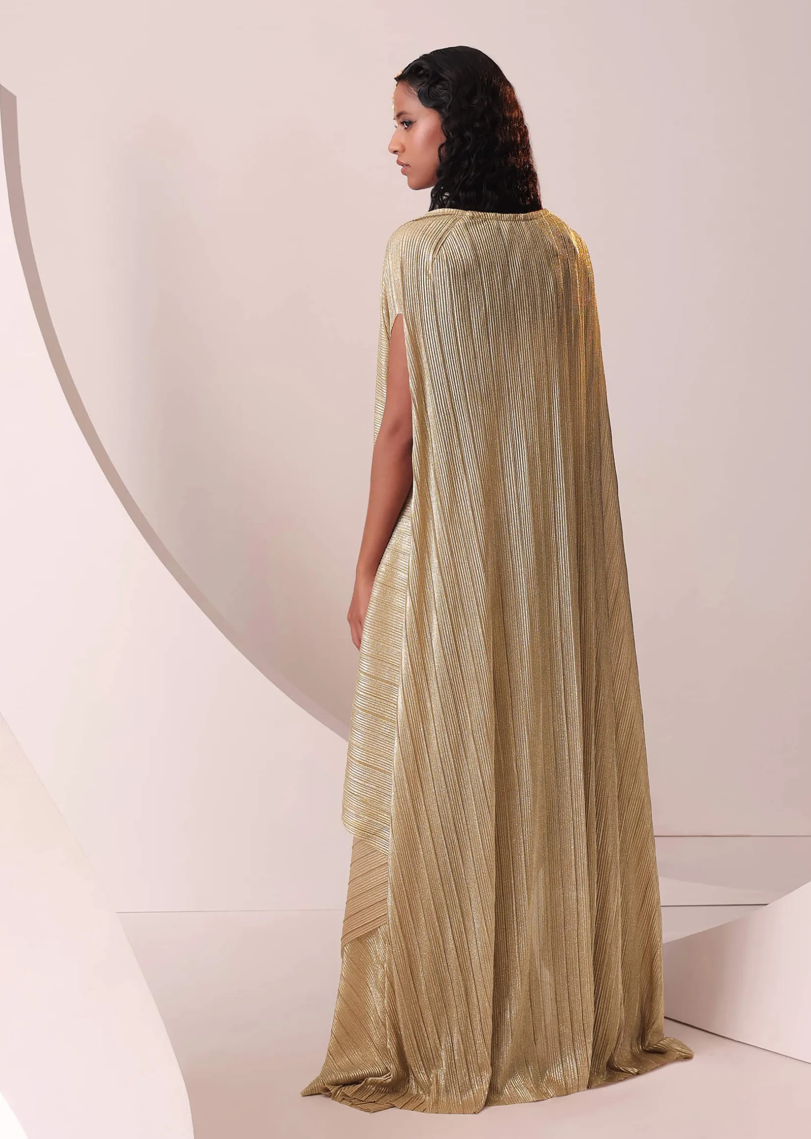 Glam Gold Embroidered Gown In Knit Stretchable Fabric With Jacket
