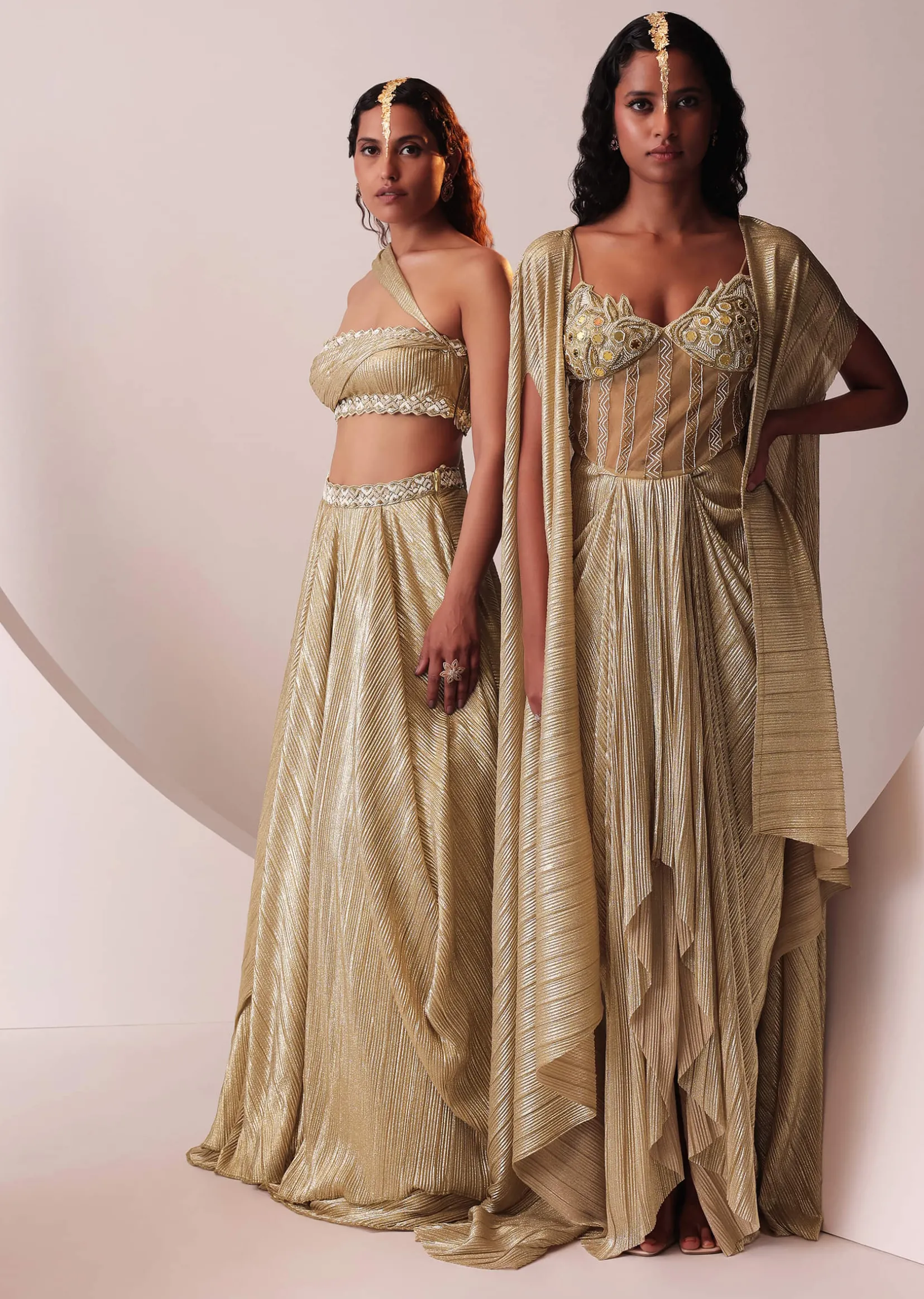 Glam Gold Embroidered Gown In Knit Stretchable Fabric With Jacket