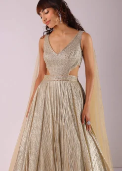 Glam Gold Embroidered Gown In Knit Fabric With Net Trail Wings