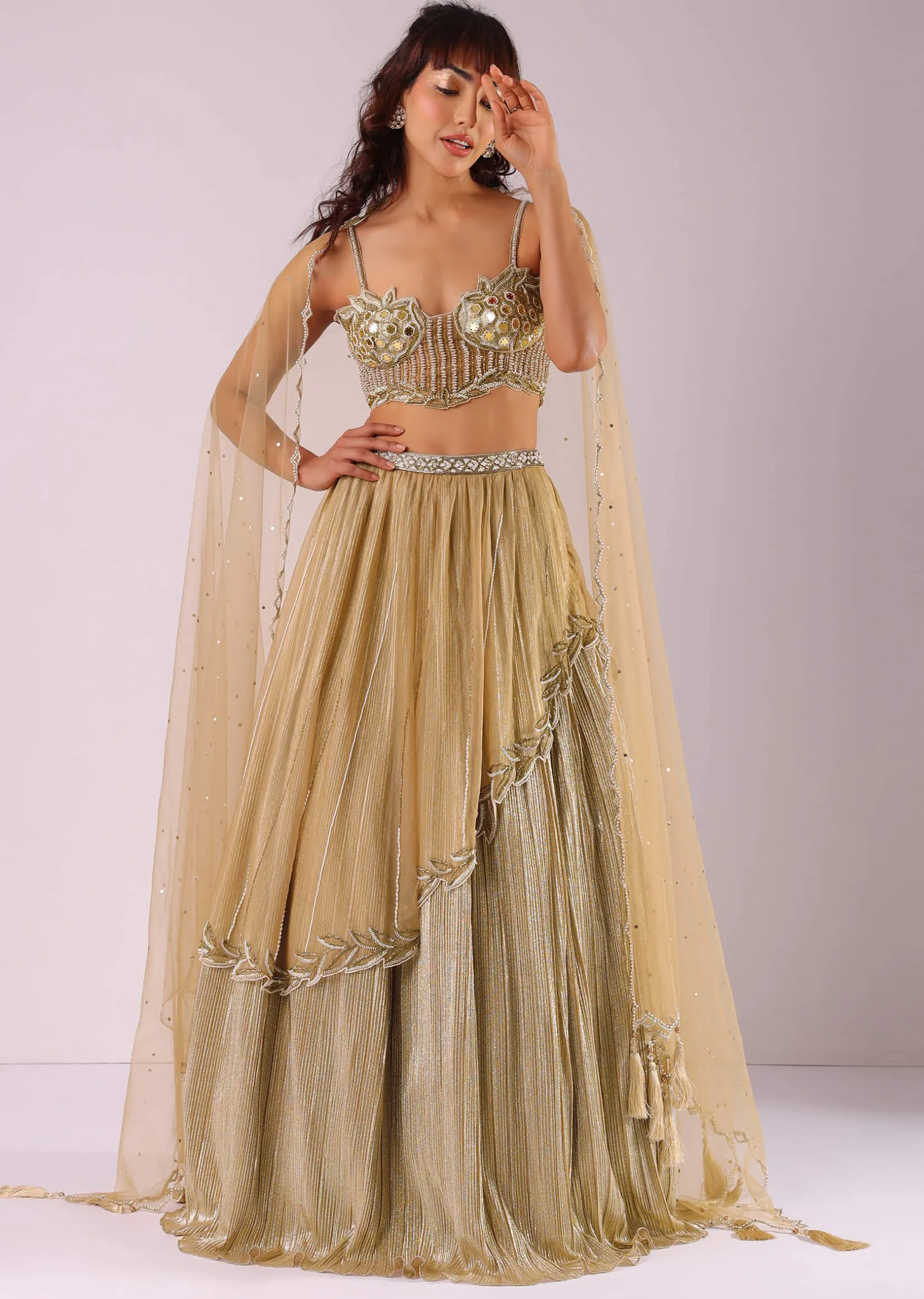Glam Gold Embroidered Lehenga Set In Foil Knit Fabric