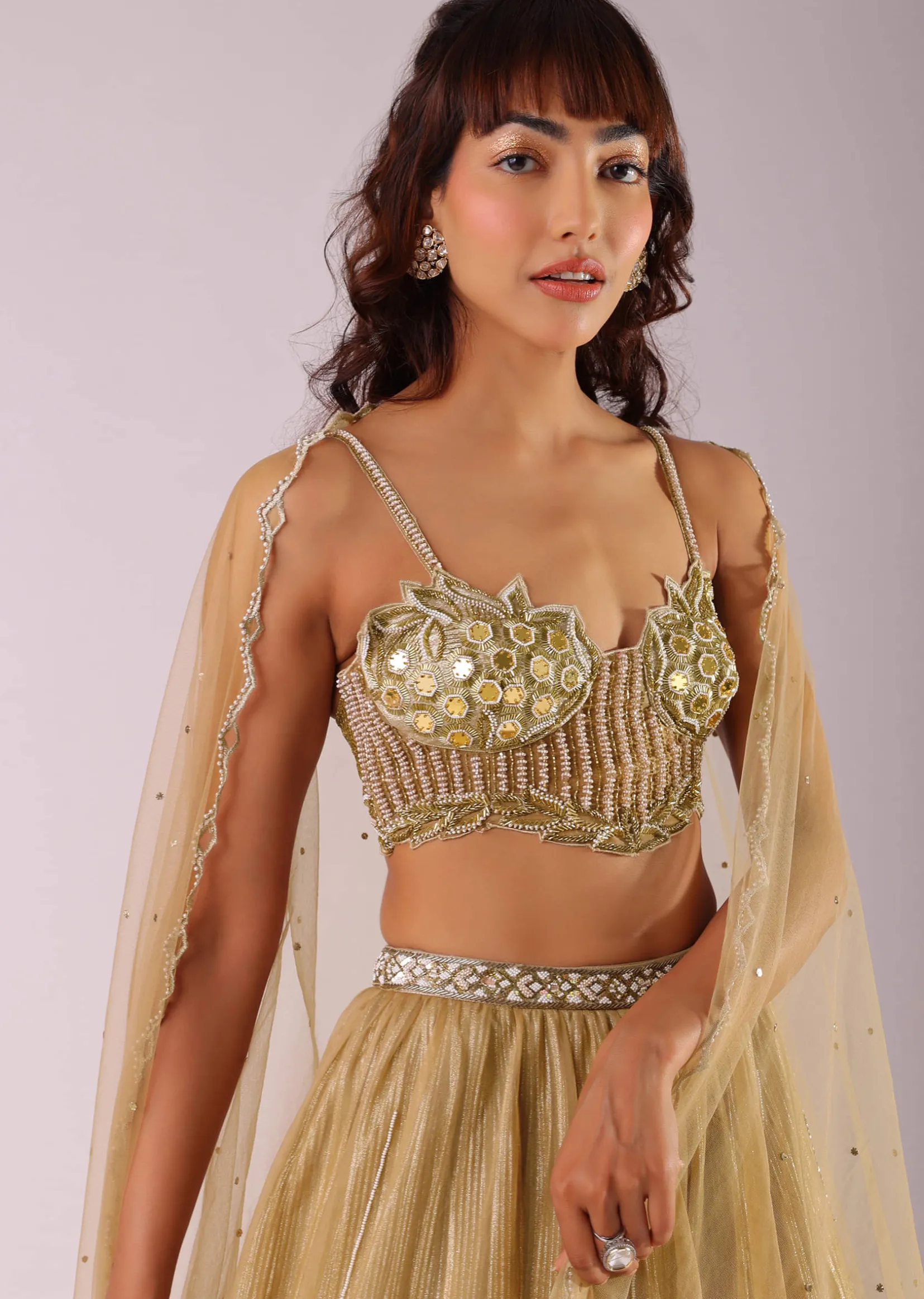 Glam Gold Embroidered Lehenga Set In Foil Knit Fabric
