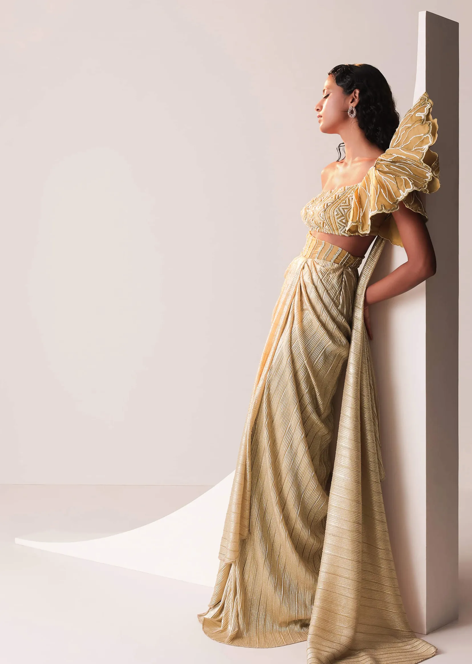 Glam Gold Gown In Knit Strechable Fabric With Embroidery