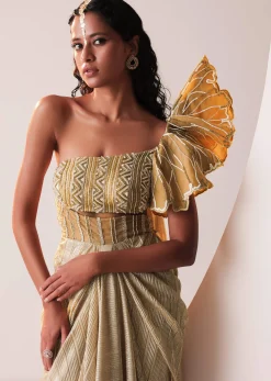 Glam Gold Gown In Knit Strechable Fabric With Embroidery