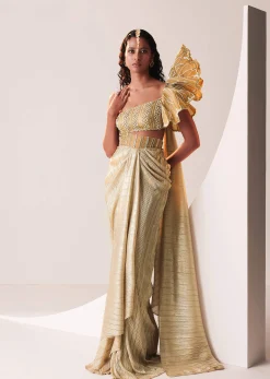 Glam Gold Gown In Knit Strechable Fabric With Embroidery