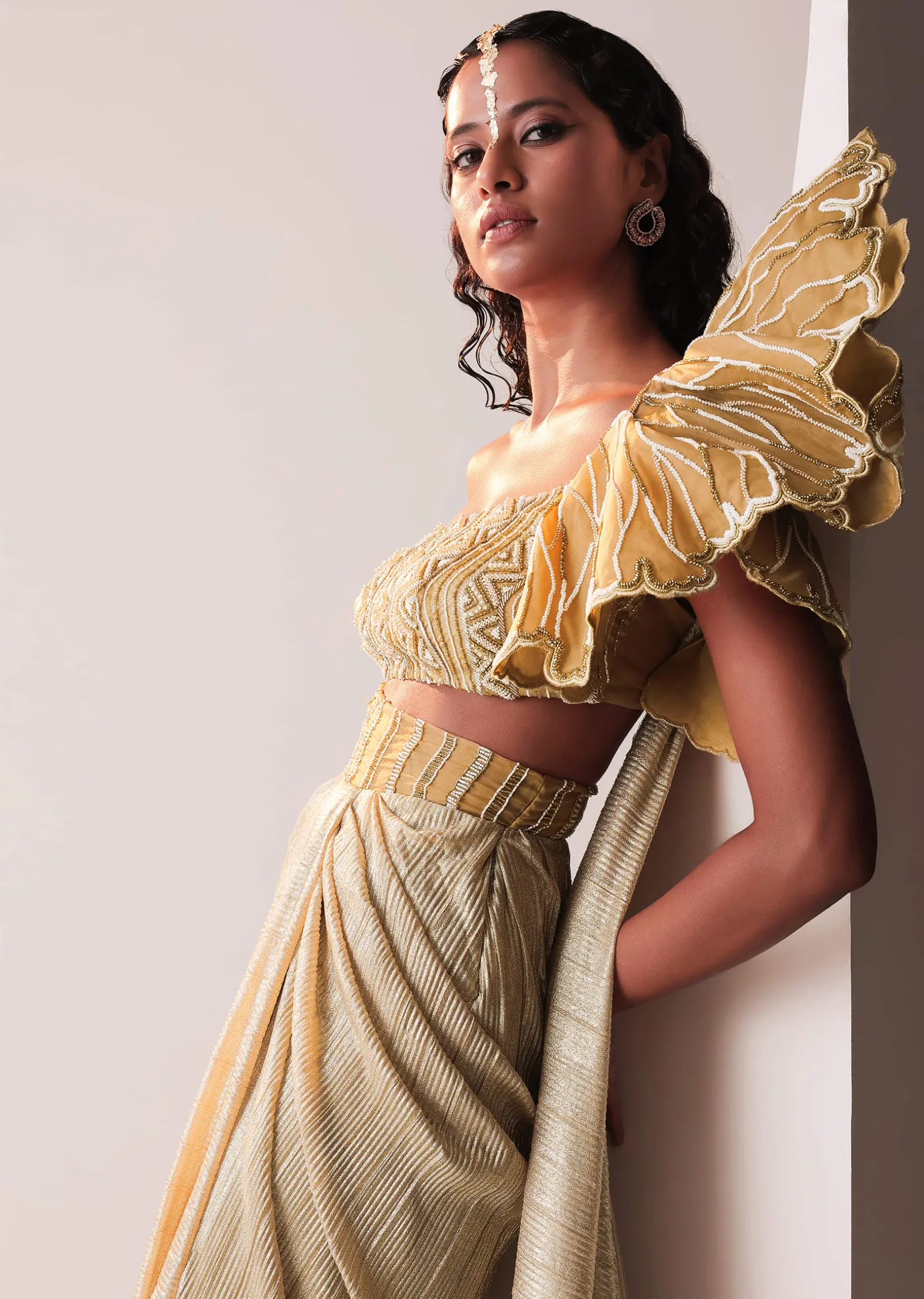 Glam Gold Gown In Knit Strechable Fabric With Embroidery
