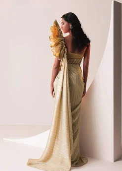 Glam Gold Gown In Knit Strechable Fabric With Embroidery