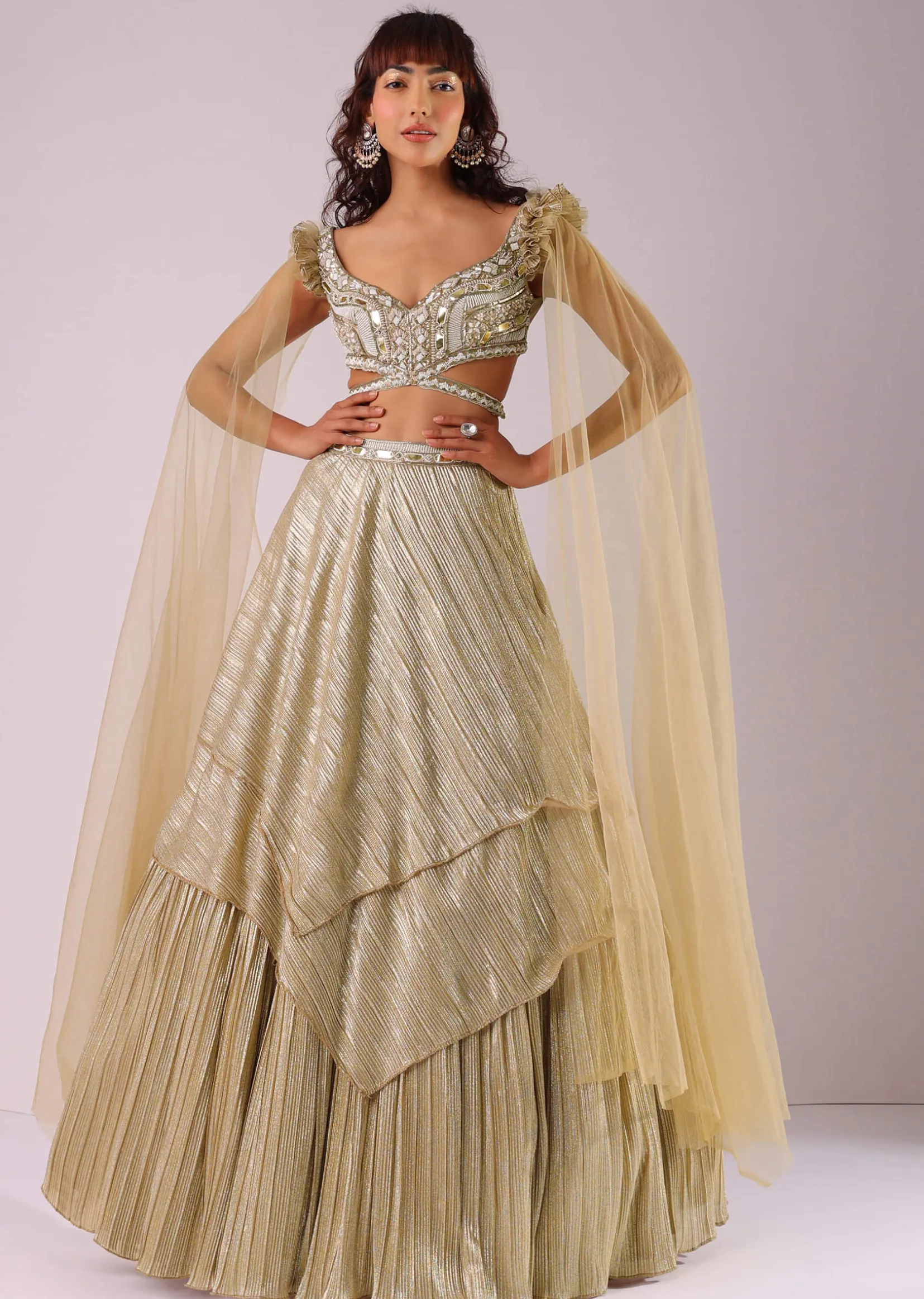 Glam Gold Lehenga Set In Foil Knit Fabric With Embroidered Blouse