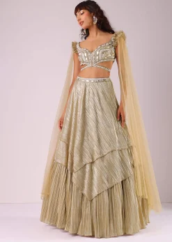 Glam Gold Lehenga Set In Foil Knit Fabric With Embroidered Blouse