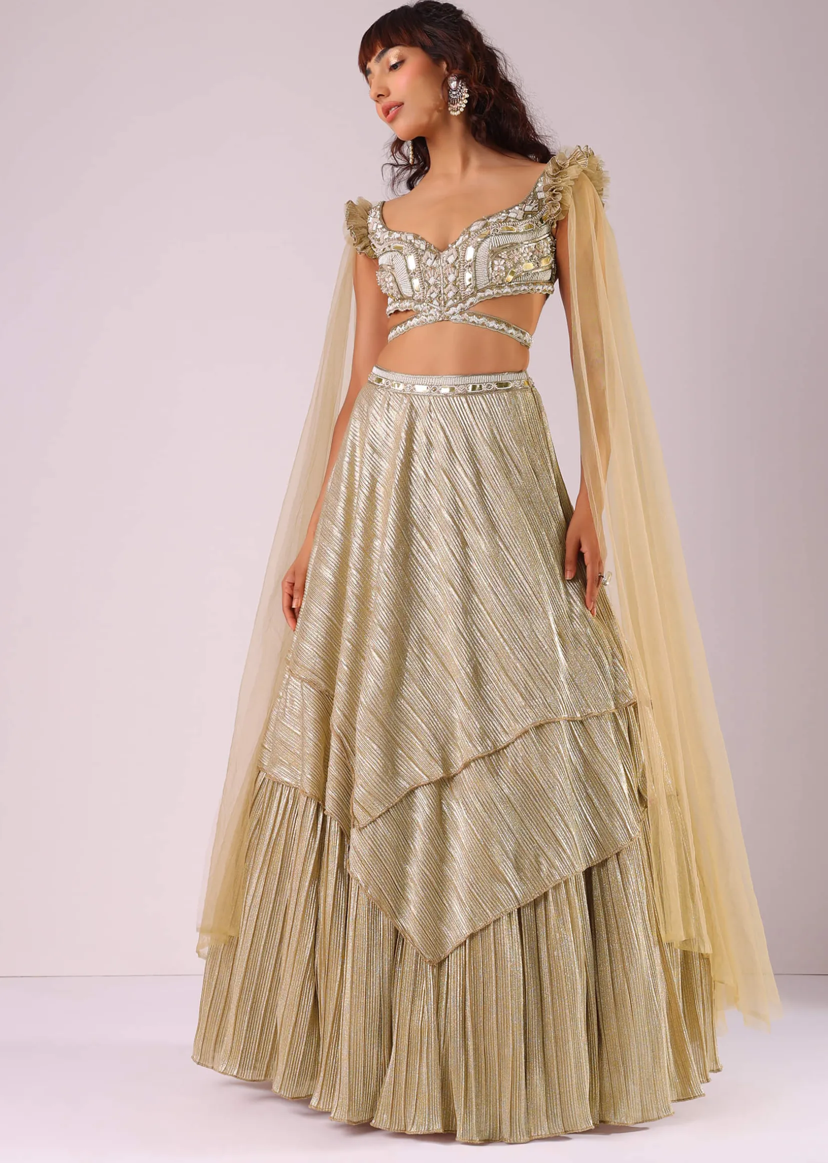 Glam Gold Lehenga Set In Foil Knit Fabric With Embroidered Blouse