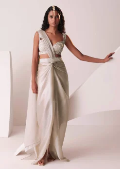 Glam Silver Embroidered Ready To Wear Saree In Organza