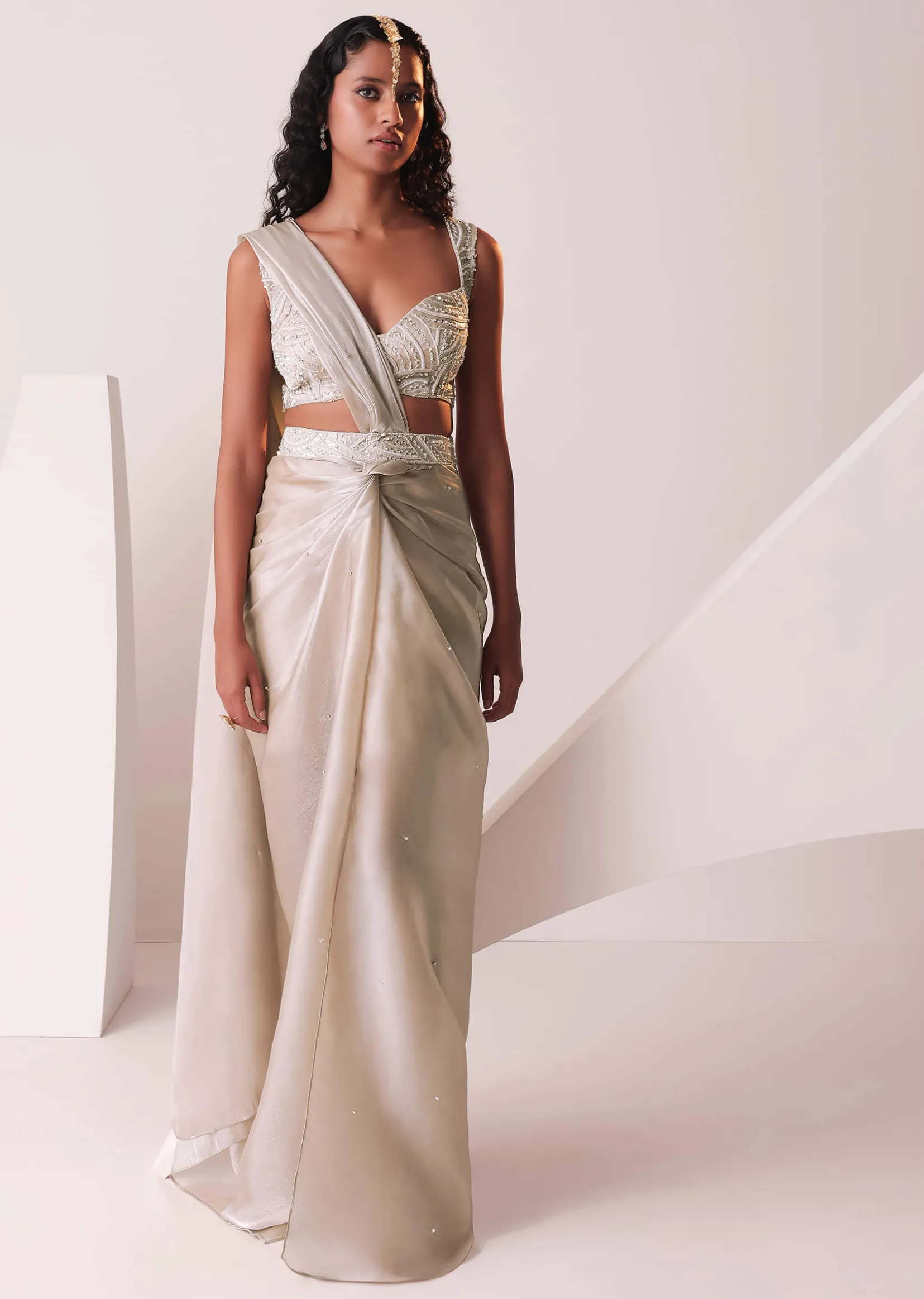 Glam Silver Embroidered Ready To Wear Saree In Organza