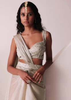 Glam Silver Embroidered Ready To Wear Saree In Organza