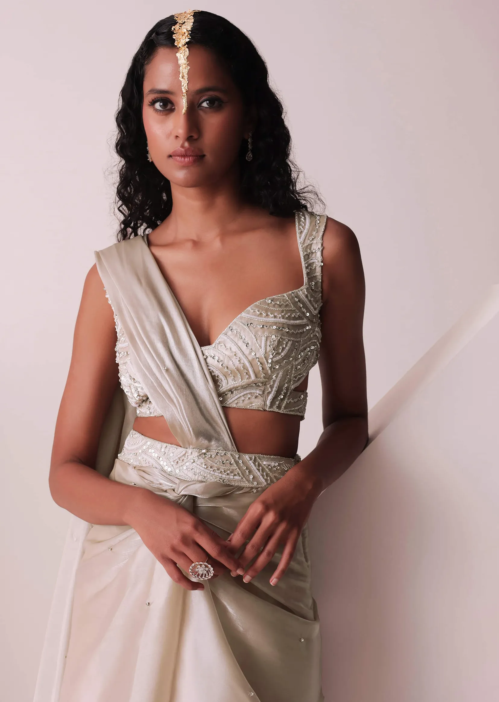 Glam Silver Embroidered Ready To Wear Saree In Organza