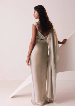 Glam Silver Embroidered Ready To Wear Saree In Organza