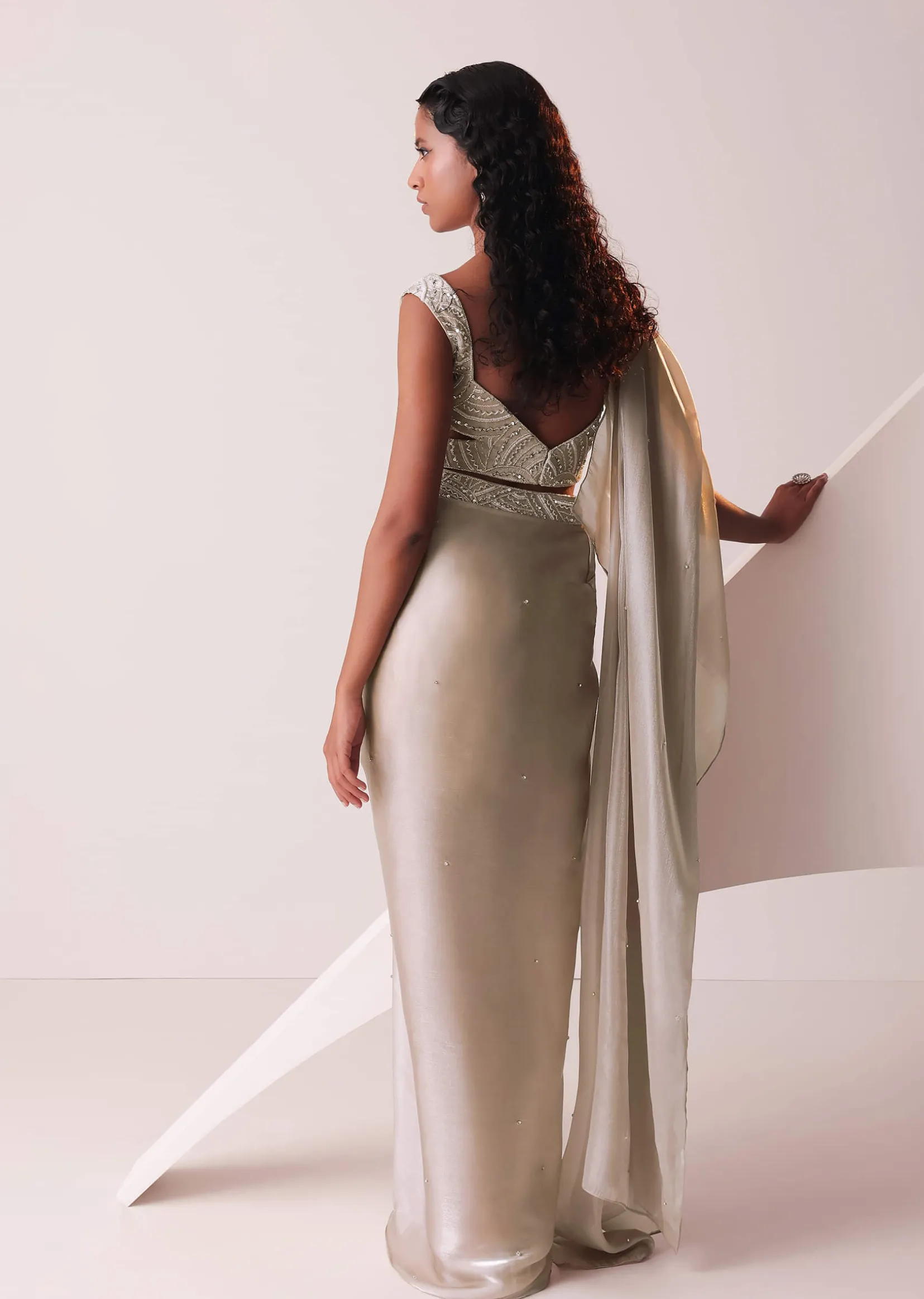 Glam Silver Embroidered Ready To Wear Saree In Organza