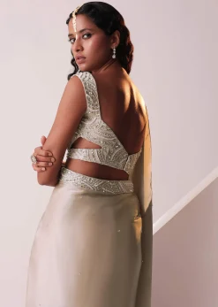 Glam Silver Embroidered Ready To Wear Saree In Organza