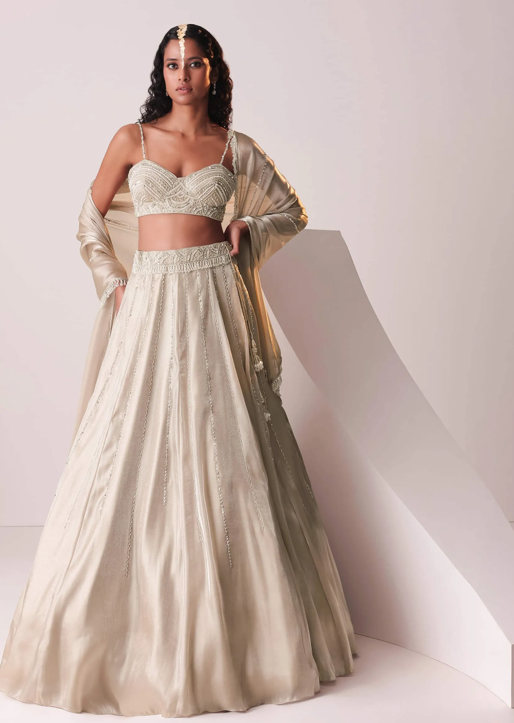 Glam Silver Embroidered Lehenga Set In Organza